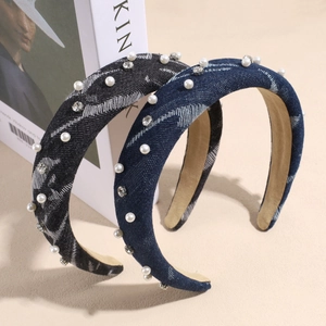 Fashionable denim padded headband featuring faux pearls and sparkling rhinestones for women