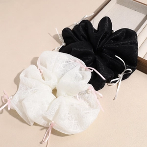 Elegant Oversized Bow Lace Scrunchies With Imitation Artificial Pearl Large Fabric Hair Ties For Women French Style Hair Accessories