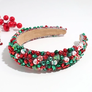 Serre-tête de Noël avec cloches rouges, vertes, Père Noël et sapin sur paillettes