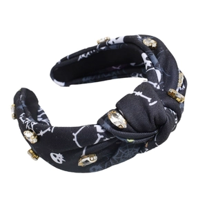 Halloween knot headband with white skull spider web print and sparkling rhinestones