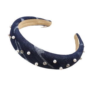 Fashion denim headband with white pearls and rhinestones on a thick blue sponge base