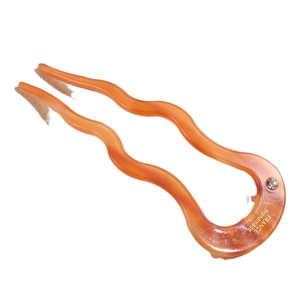 U-shaped amber acetate hair fork with wavy teeth and crystal accent for hair styling