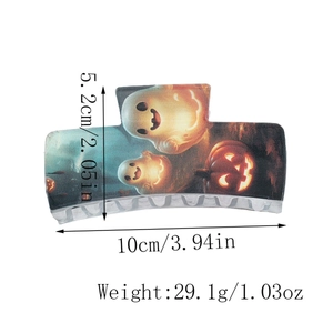 Detailed size specifications for the 10cm Halloween ghost and pumpkin hair claw clip
