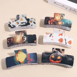 Halloween Acrylic Hair Claw Clip Pumpkin Ghost Bat Skull Print Square Large Hair Catch Festival Accessories For Women