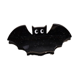 Glossy black bat hair claw with silver glitter and cute eyes for Halloween hair accessory