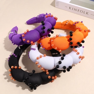 Elegant Padded Sponge Headband With Faux Artificial Pearl For Women Halloween Party Twist Hair Hoop Solid Color Hair Accessories