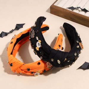 Serre-tête Noué Large Halloween Tissu Breloques Citrouille Fantôme Chauve-Souris Strass Perle Artificielle Fête Femme