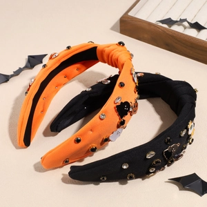 Serre-tête noué Halloween avec strass brillants et breloques citrouille et fantôme