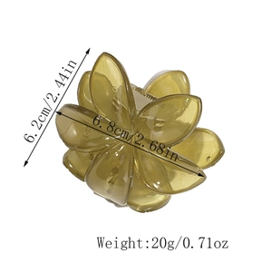 Detail showing translucent olive green flower hair claw clip dimensions and resin texture