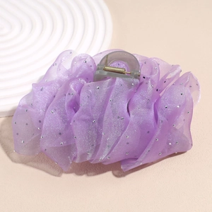 Elegant lavender mesh pleated hair claw clip with silver glitter and golden spring