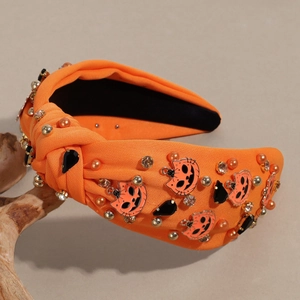 Serre-tête Halloween à nœud avec citrouille orange, chauves-souris et strass multicolores