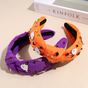 Serre-tête à Nœud Fantôme d'Halloween en Tissu avec Strass pour Femmes Coiffe Festive Accessoires de Fête
