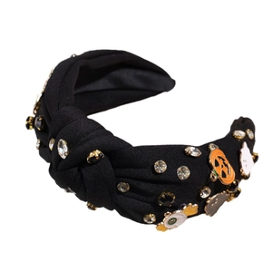 Serre-tête à nœud d'Halloween avec citrouille, fantôme et strass sur tissu noir