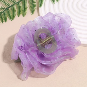 Elegant purple mesh pleated hair claw clip with silver sequins in a 45-degree angle view