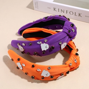 Serre-têtes noués Halloween violet et orange avec charmes fantômes et strass brillants
