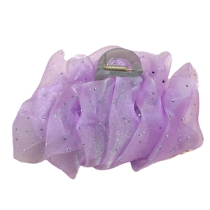 Elegant purple mesh pleated hair claw clip with rhinestones for a stylish ponytail