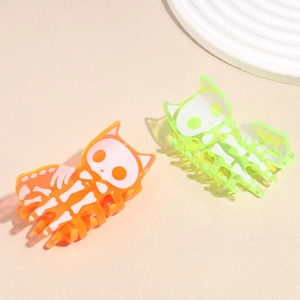 Pinces à cheveux chat squelette Halloween en acrylique orange et vert néon