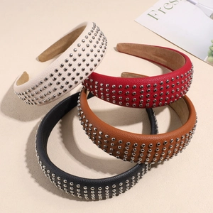 Vintage Artificial Leather Wide Headband For Women With Metal Rivets Punk Style Fashion Hair Accessory Retro Headwear