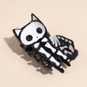 Pince à cheveux chat squelette gothique en acrylique avec une finition noire et blanche unique