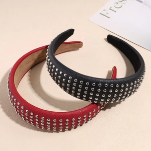 Retro studded leather headbands in red and black with silver punk rivets and wide frame