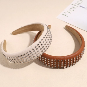 Retro wide leather headbands with silver studs in beige and brown colors