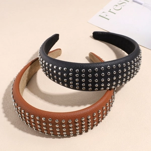 Vintage wide leather headband set with silver studs in black and caramel colors