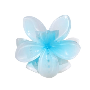 Elegant frangipani flower hair claw clip with blue and white gradient resin finish