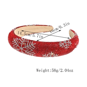 Macro view showing dimensions and weight of red rhinestone Christmas snowflake headband