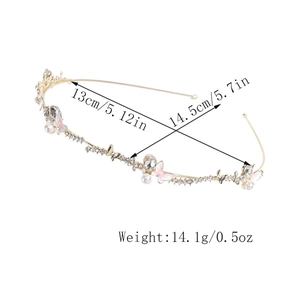 Detail view of butterfly headband showing gold metal frame with size and weight specs