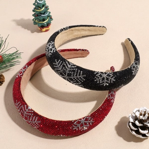 Sparkling rhinestone snowflake headband set in red and black with festive velvet sponge design