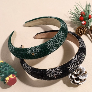 Padded Christmas headband with rhinestones and snowflake patterns in black and dark green