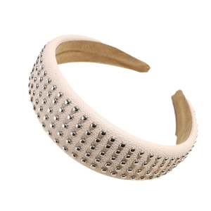 Retro beige leather headband with silver rivet studs on wide-brimmed padded hair hoop
