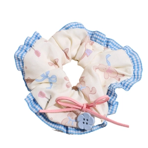Sweet floral fabric hair scrunchie with rabbit print and blue checkered lace trim edge