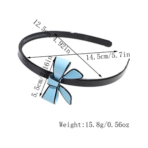 Detailed size chart of a light blue bow headband with 15.8g weight specifications