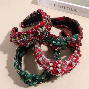 Weihnachten Schottenkaro Haarreif Mit Strass Imitationsperle Schneeflocke Knoten Haarband Damen Festliches Zubehör