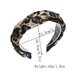 Leopard print plush braided headband showing dimensions 14.5cm width and 16.5cm height