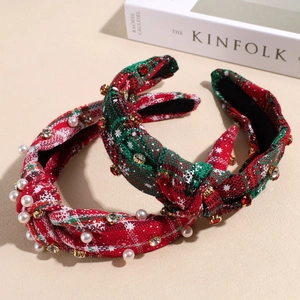 Weihnachts-Haarreif mit Karomuster, Strass, Perlen und Schneeflocken für festlichen Stil