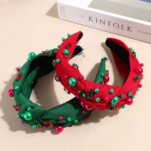 Serre-têtes de Noël noués rouge et vert avec strass et perles d'imitation de luxe