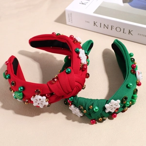 Serre-tête de Noël noué avec strass et perles, tissu tricoté rouge et vert chic