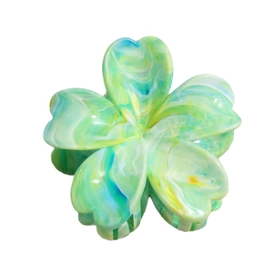 Fashionable floral hair claw clip in gradient marble green and blue acrylic material