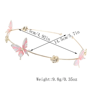Detailed view of ultra-thin gold metal headband with pink butterflies and floral charms
