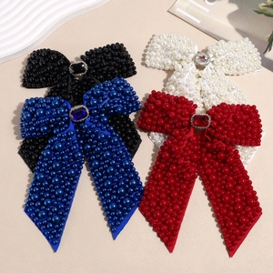 Luxury French Rhinestone Artificial Pearl Bow Hair Clip Vintage Fabric Ribbon Spring Clip Elegant Bowknot Hair Accessories For Women Party Wedding