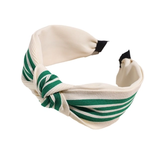Elegant beige and green striped knotted headband made of textured fabric for women