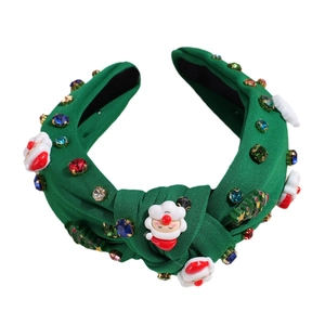 Serre-tête de Noël vert noué avec strass, motifs Père Noël et perles chic