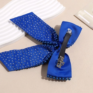 Blue ribbon bow hair clip with sparkling rhinestones and pearls on spring metal clasp