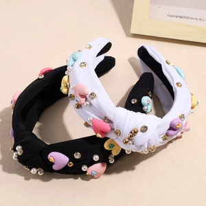 Sweet Baroque Heart Rhinestone Headband Knotted Fabric Faux Artificial Pearl Hair Band Retro Valentine Jewelry For Women Daily Party