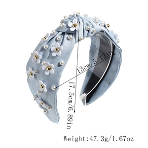 Blue fabric headband with pearl flowers showing dimensions of 13cm width and 17.5cm height