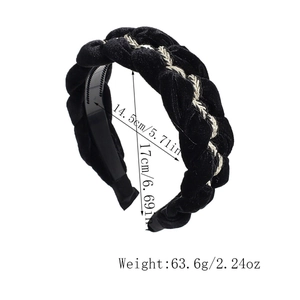 Detailed dimensions of black braided velvet headband with size and weight markers