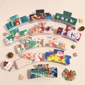 Christmas Printed Rectangle Hair Claw Clip For Women Festive Santa Reindeer Pattern Acrylic Hair Accessory For Party