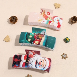 Three-piece Christmas themed square hair claw clips with Santa and reindeer patterns